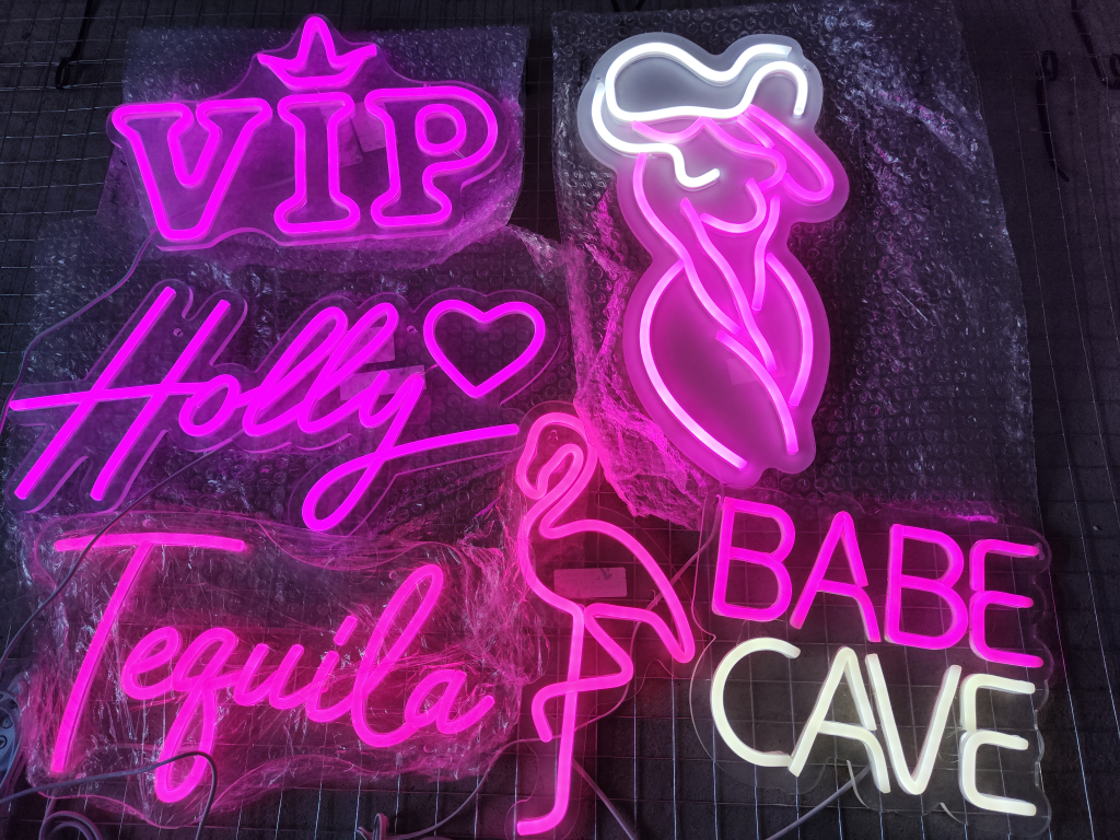 Neon Signs: VIP, Holly, Tequila, Babe Cave, Flamingo
