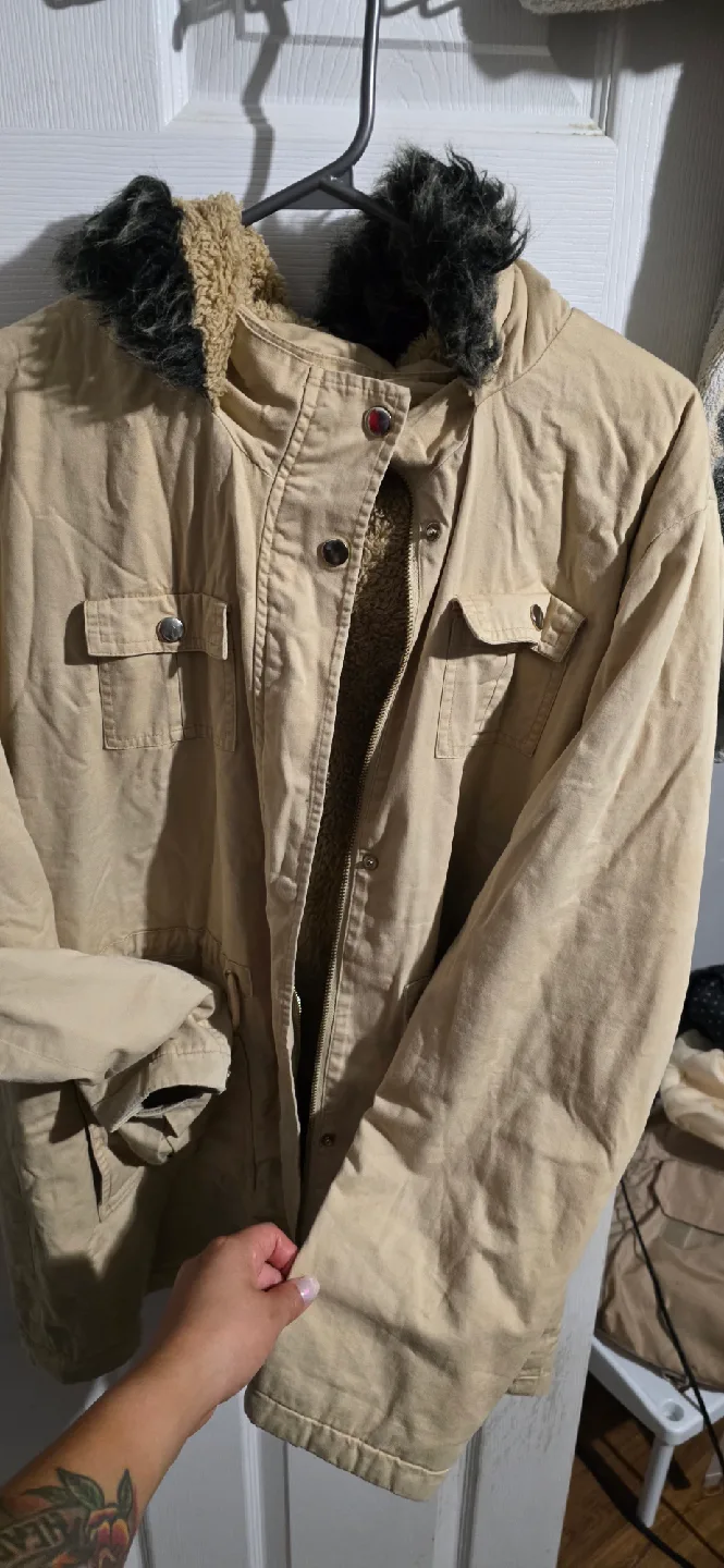 Beige Winter Coat with Faux Fur Hood thumbnail