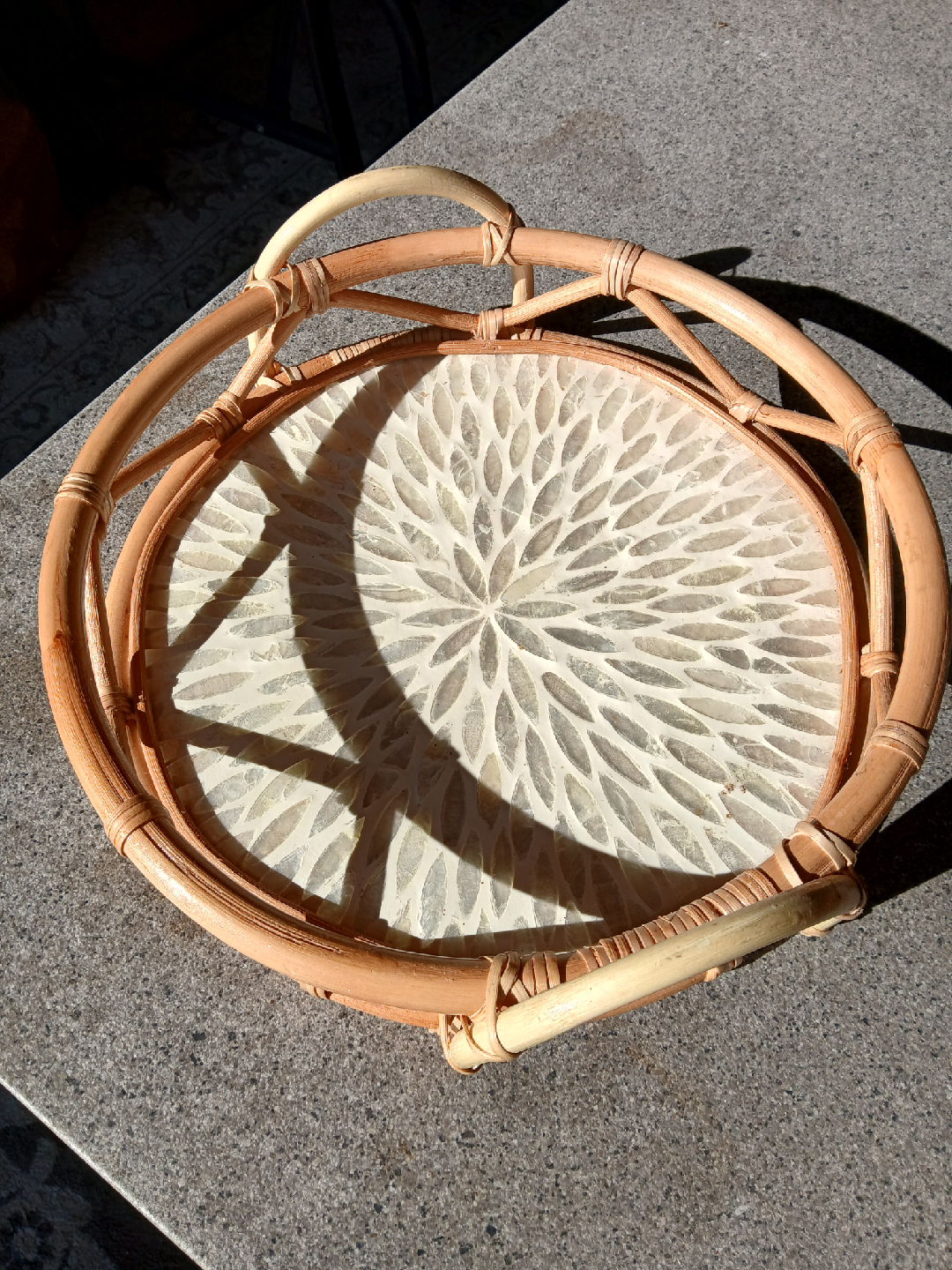 Round Rattan and Mother of Pearl Serving Tray with Handle