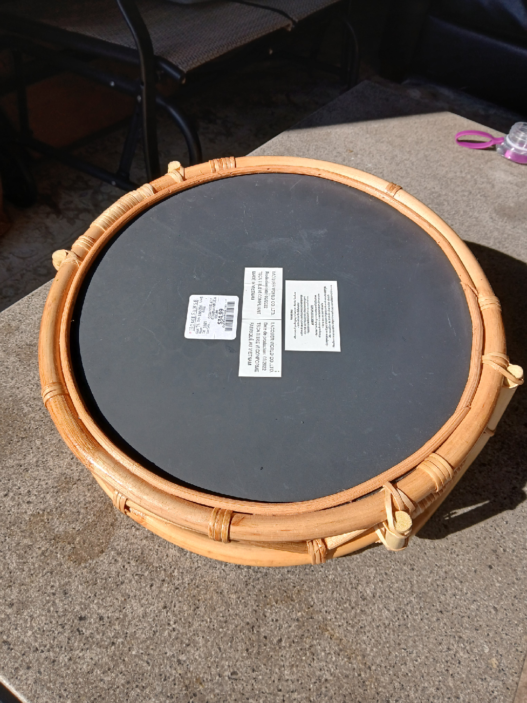 Round Rattan and Mother of Pearl Serving Tray with Handle - photo 3