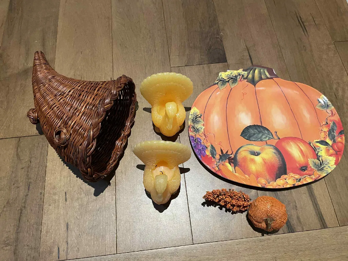 Fall Decor - Turkey Candles, Pumpkin Plate, Basket thumbnail