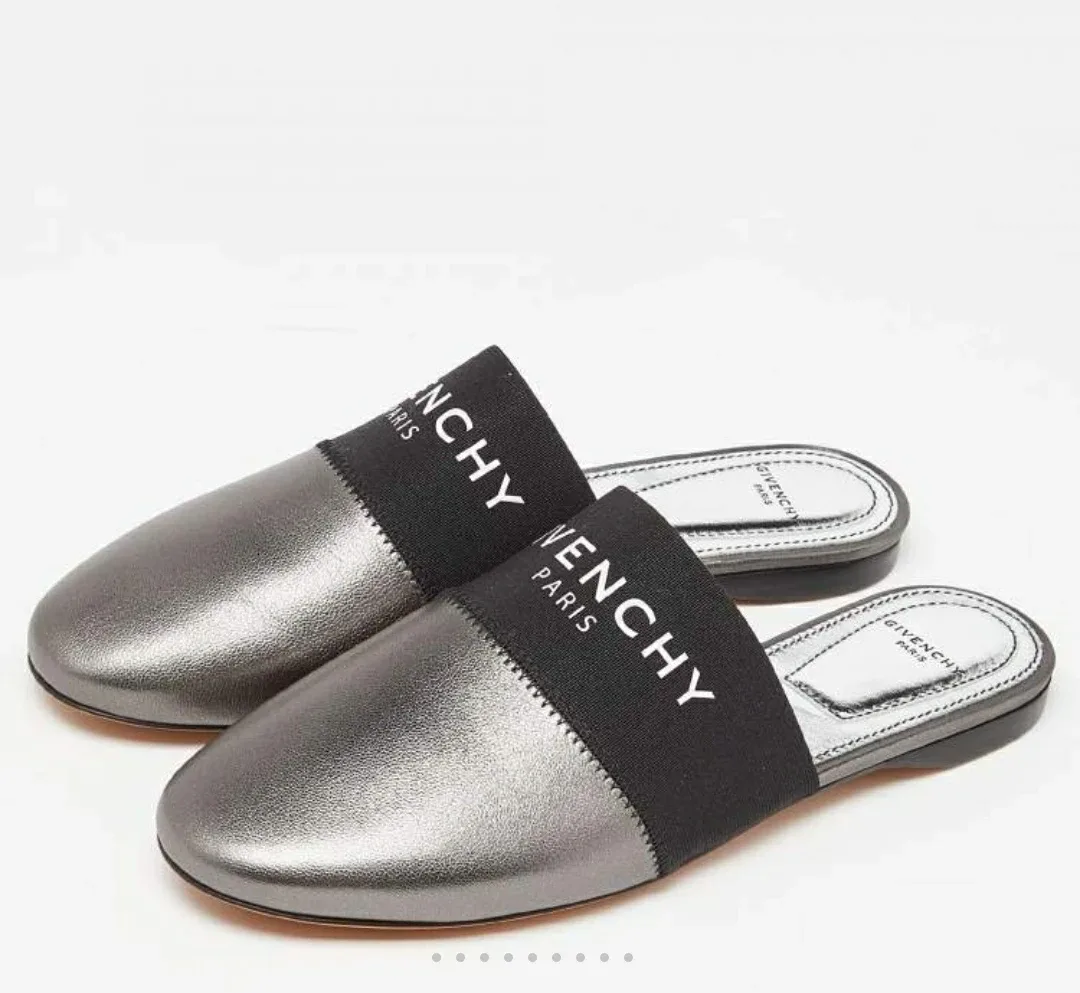 Givenchy Metallic Pewter Leather Logo Mules image indicator(2)