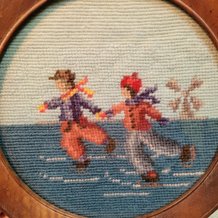winter scene needlepoint in circular wood frame image indicator(2)