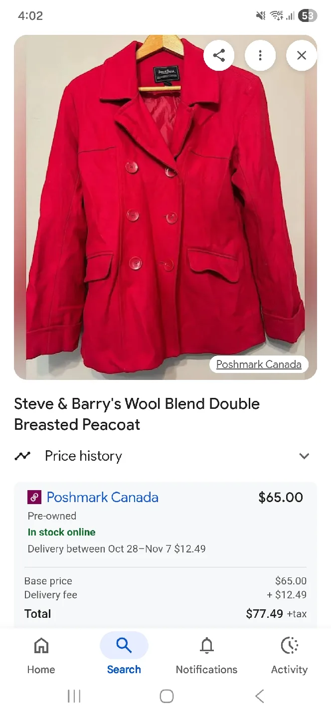Steve & Barry's Red Wool Blend Pea Coat - Size M image indicator(7)