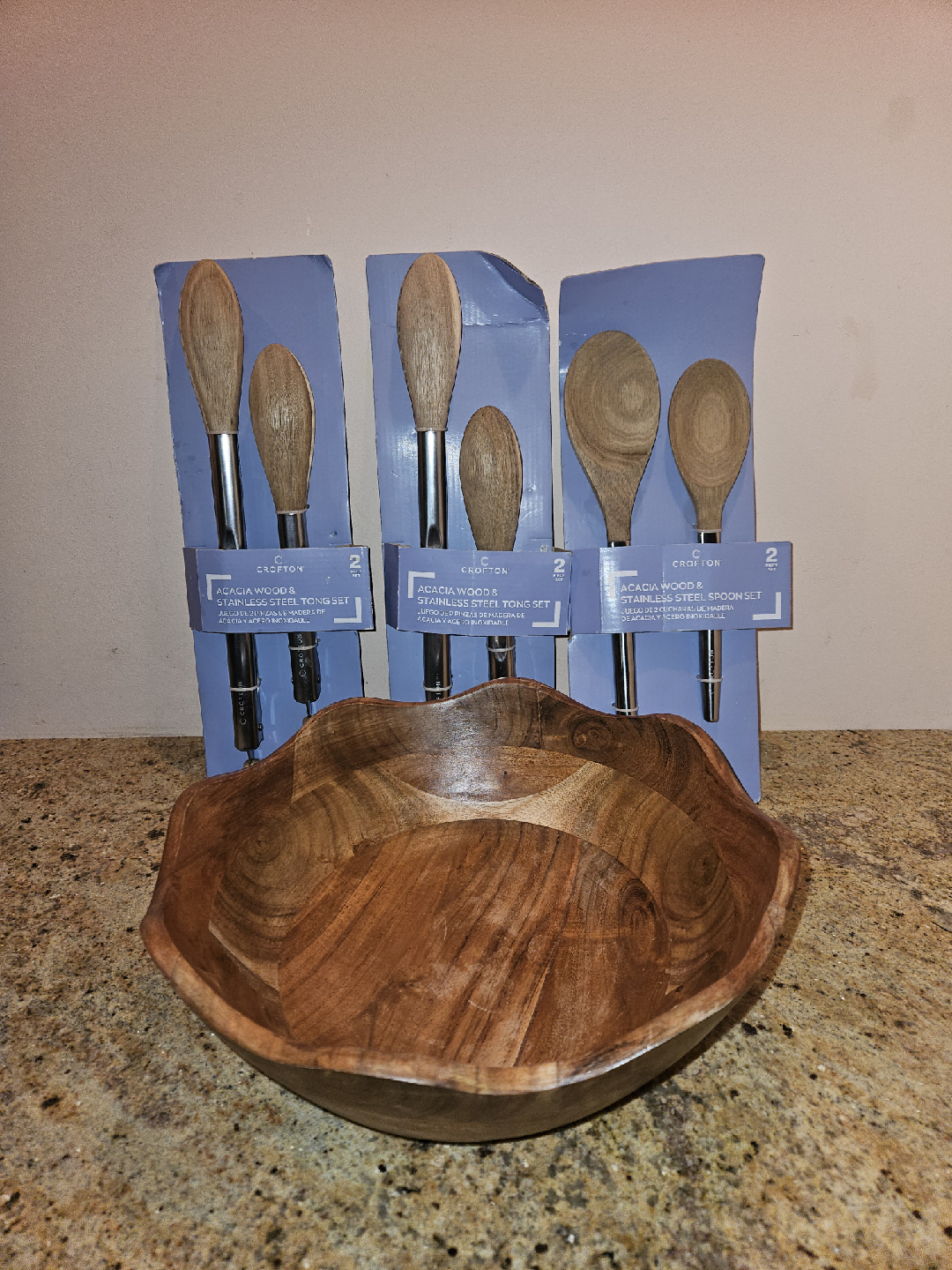 Crofton Acacia Wood & Stainless Steel Tong/Spoon Set + Bowl