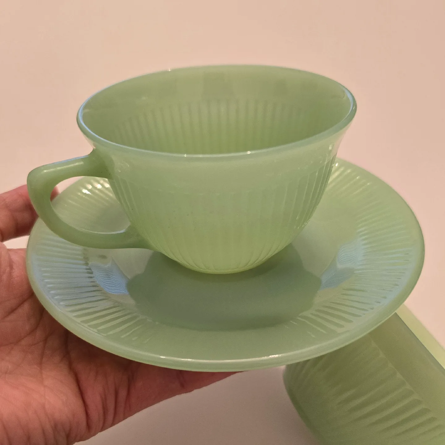 Set of 2 Fireking Jadeite Teacups and Saucers image indicator(10)