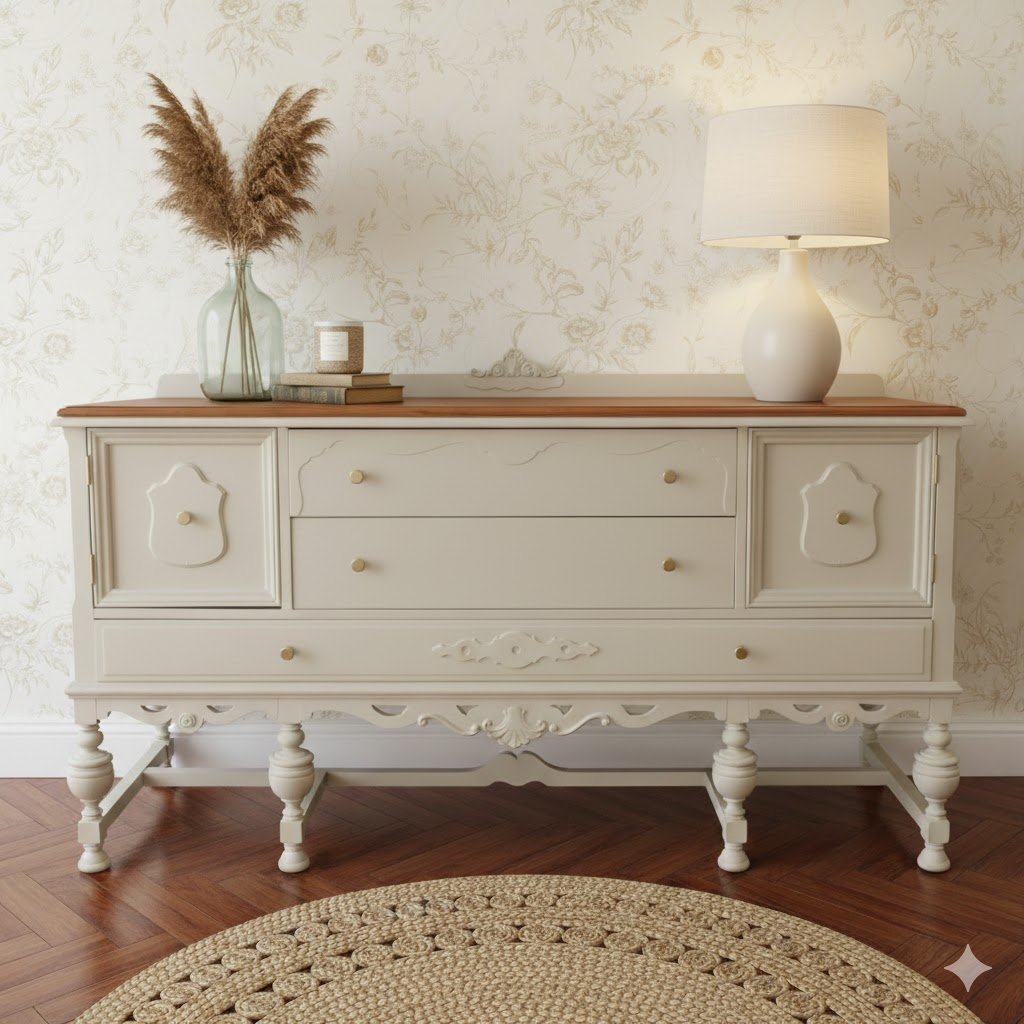 Vintage Style Cream & Wood Buffet