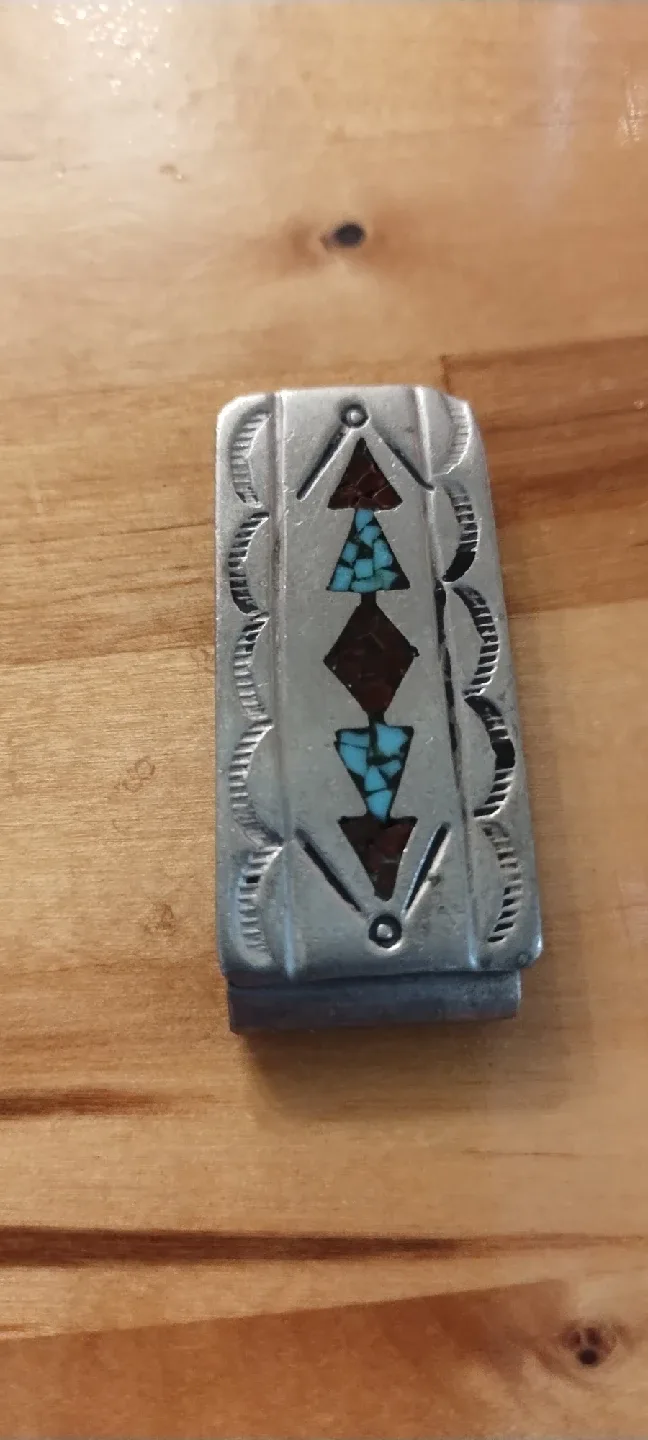 Vintage Turquoise & Coral Inlay Money Clip & Belt Buckle image indicator(2)