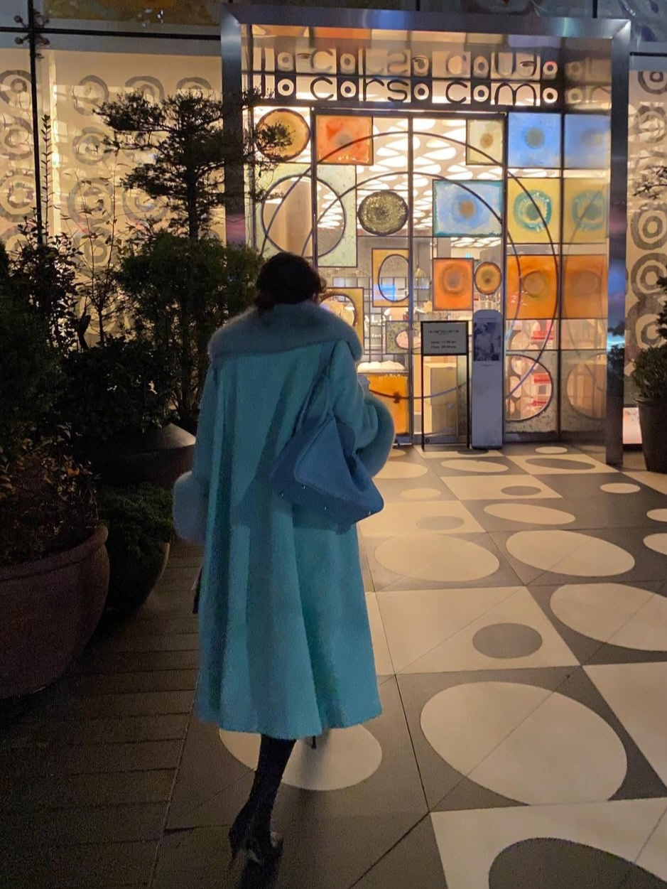 Mint Green Wool -Blend Coat with Genuine Saga Fox Fur - photo 3