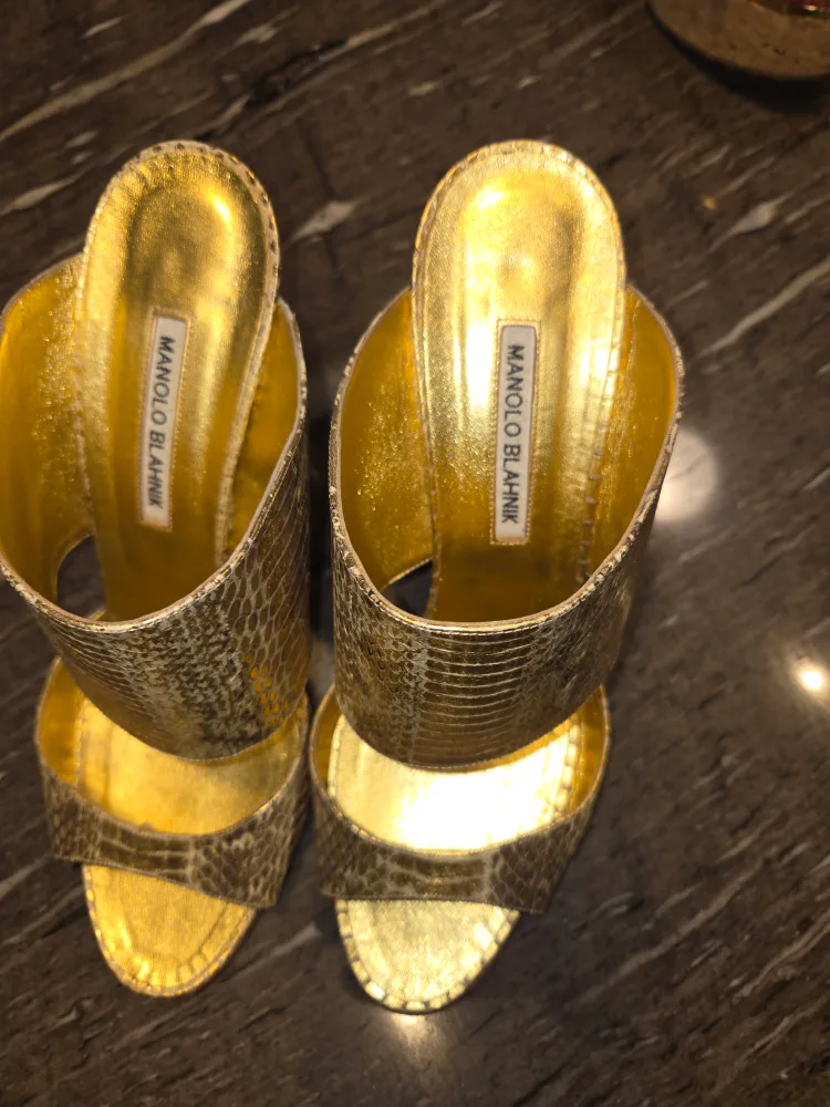 Manolo Blahnik Gold Snakeskin Heels, Size 40.5 image indicator(2)