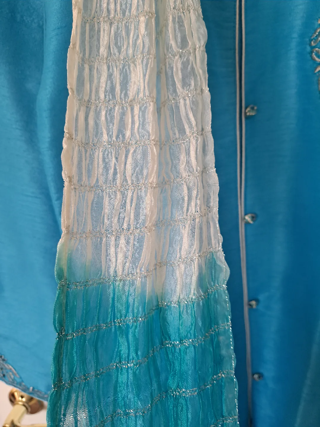 BRAND NEW - Men's silk Blue Kurta with Scarf and white pant image indicator(4)