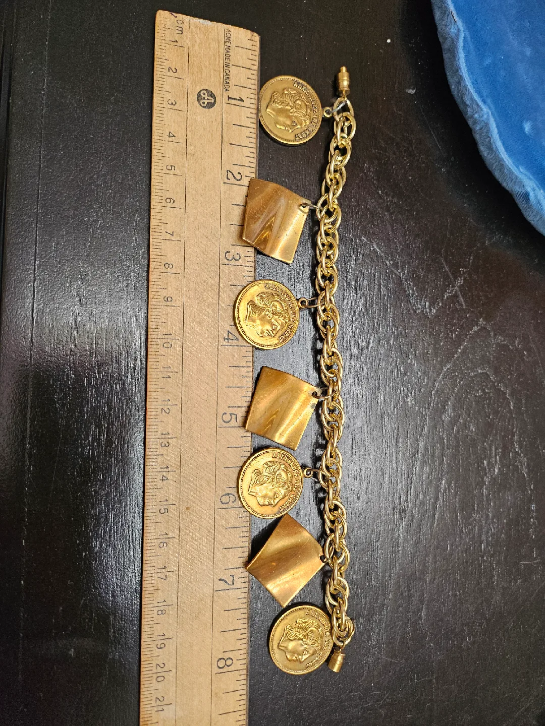 Vintage 3 different bracelets, copper and gold tone with coins image indicator(4)