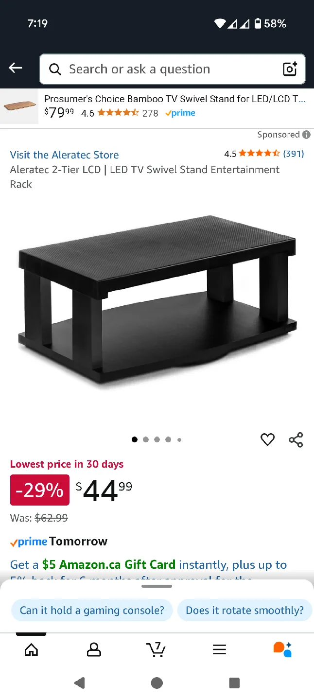 Aleratec 2-Tier LCD/LED TV Swivel Stand thumbnail