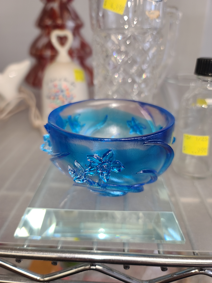 Blue Glass Bowl with Floral Design
