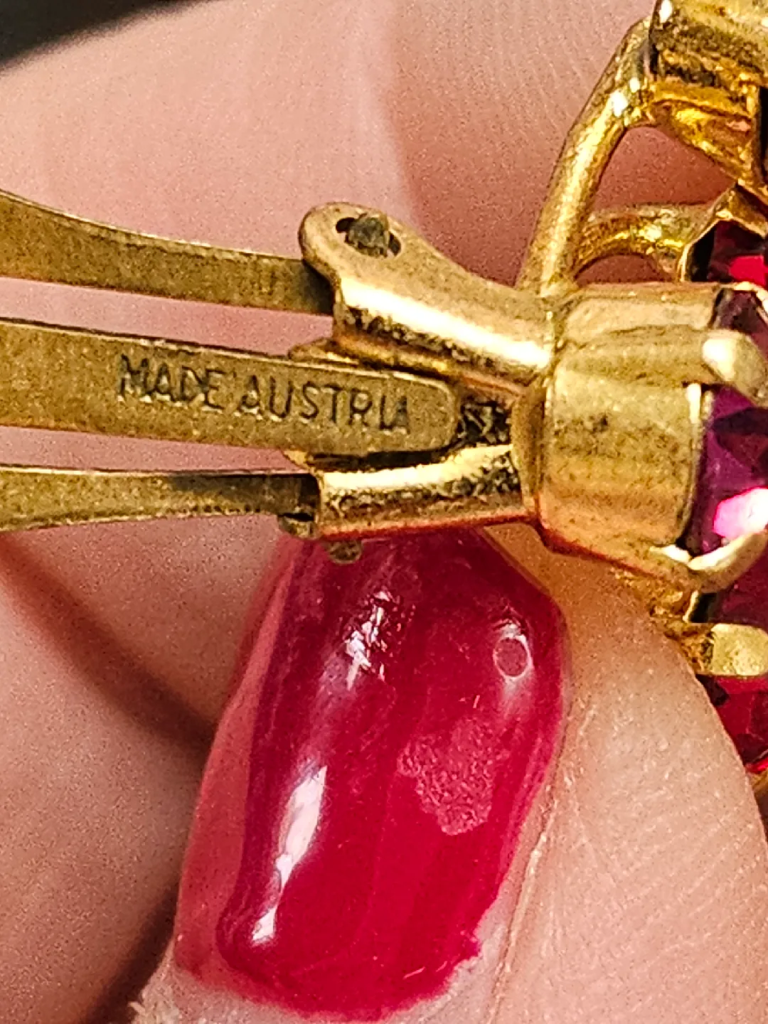 Vintage Made Austria Gold Tone & Red Rhinestone Earrings image indicator(4)