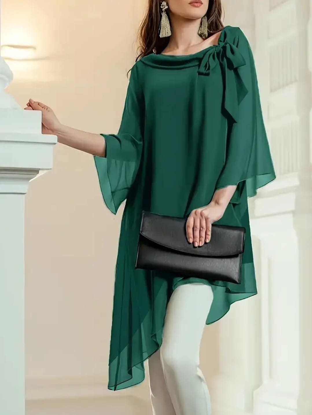 Green Bow Neck Asymmetrical Chiffon Top