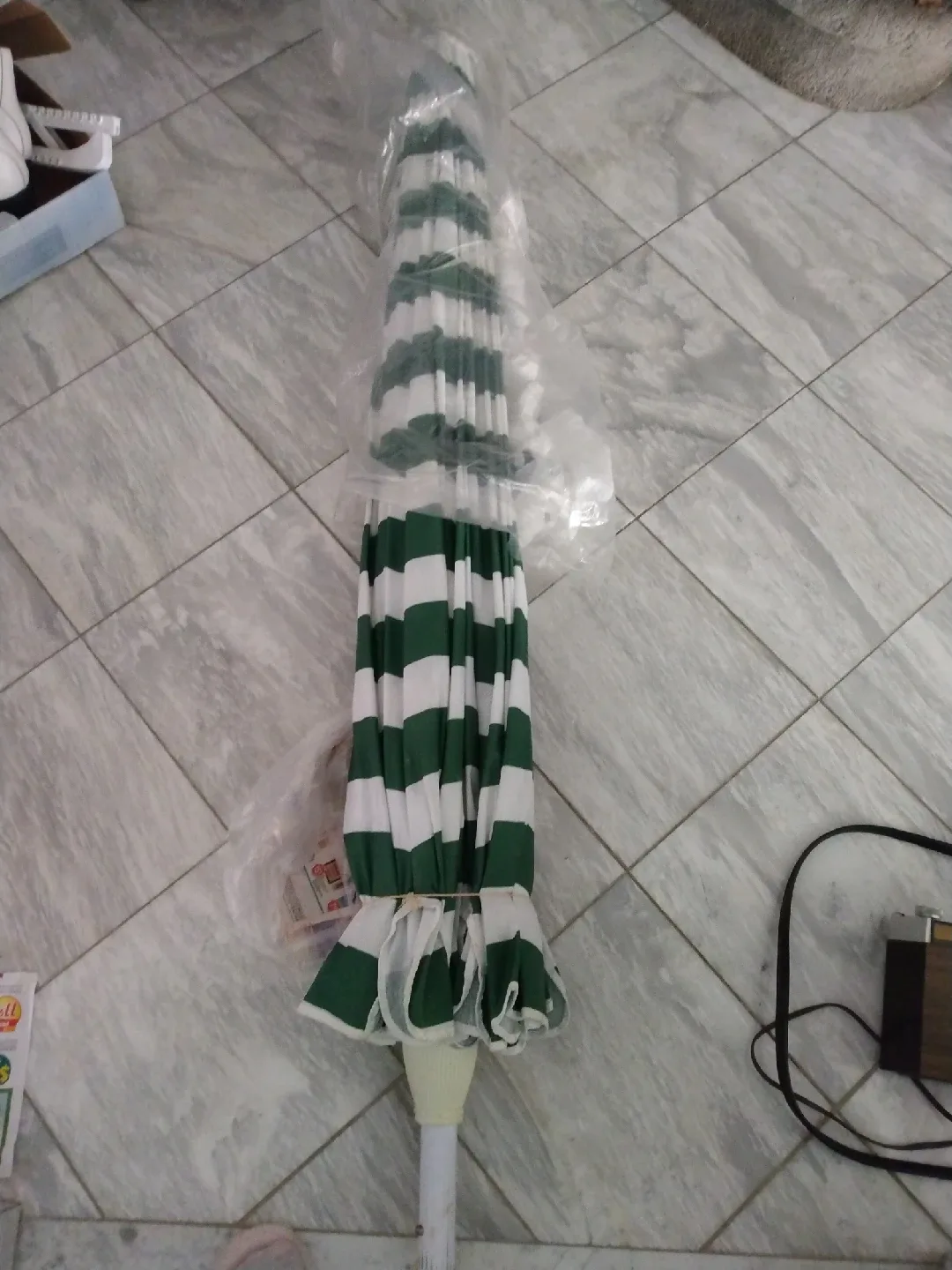 Green and White Striped Patio Umbrella thumbnail