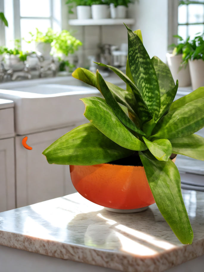 Le Creuset orange stock pot planter with snake plant