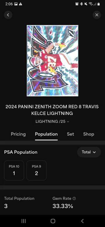 2024 Panini Zenith Travis Kelce Zoom Red Lightning PSA 10 image indicator(3)