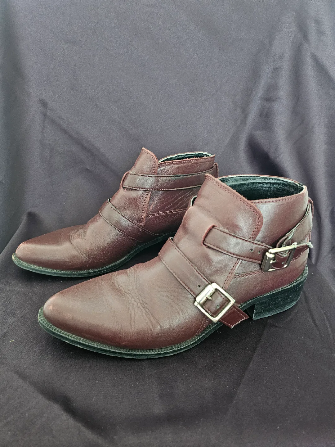 USED - Zara Burgundy Leather Ankle Boots - Size 6 thumbnail
