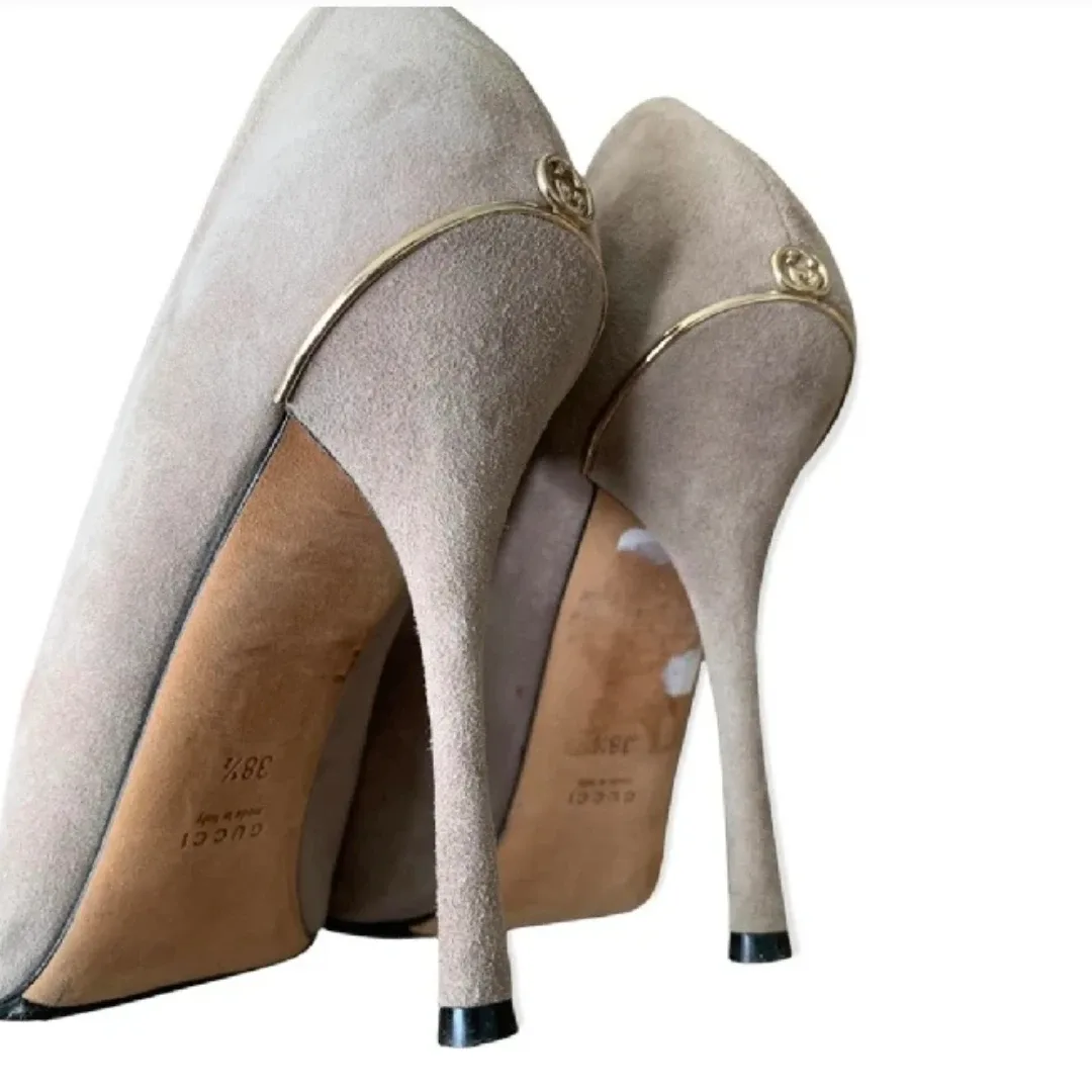 Gucci Grey Suede Leather Peep Toe Heels image indicator(7)