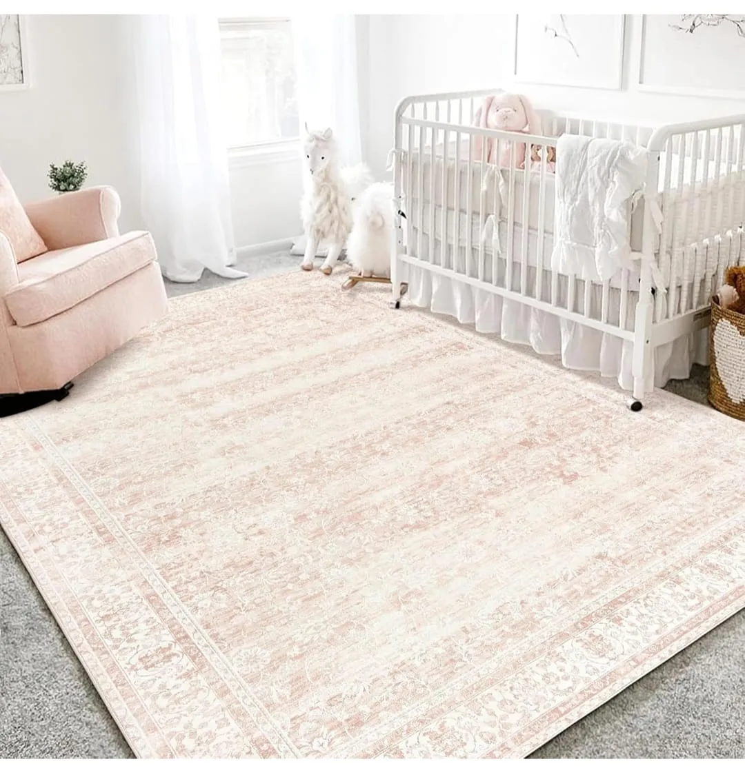 Vintage Design Floral Area Rug 8x10 Cover Print,Pink Distres