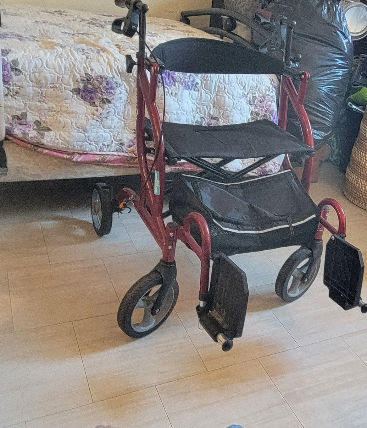 Red Four Wheel Walker with Seat thumbnail