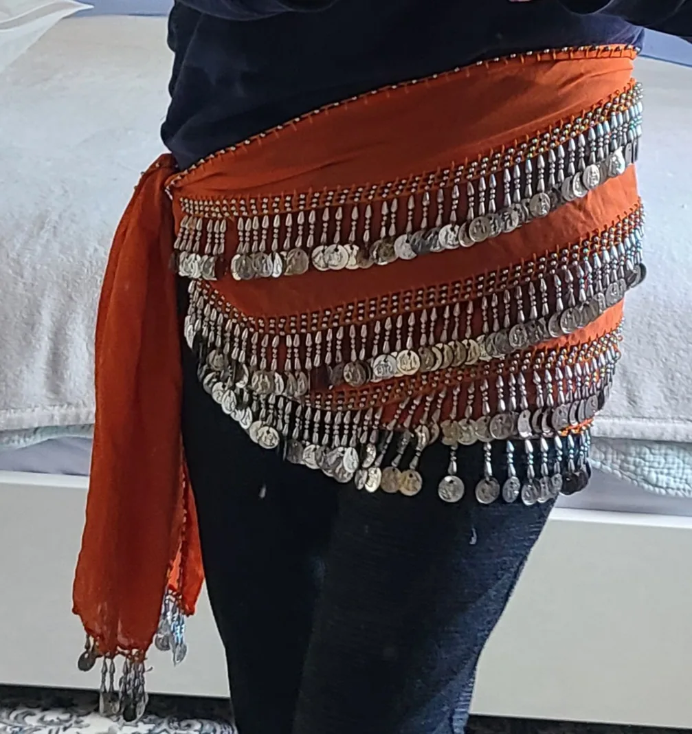 Orange Belly Dance Hip Scarf with Coins 🥕 thumbnail