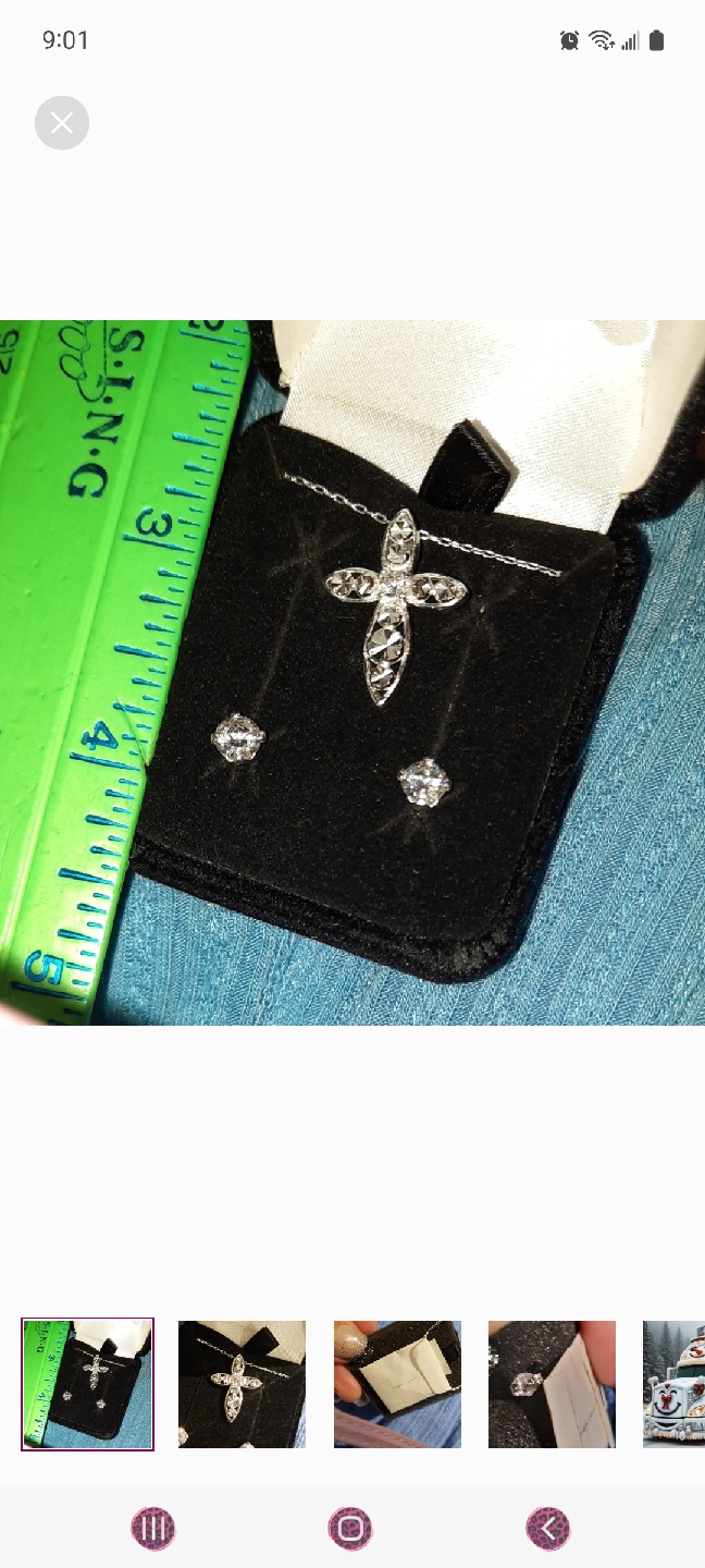Genuine solid sterling silver CZ cross and stud earrings set