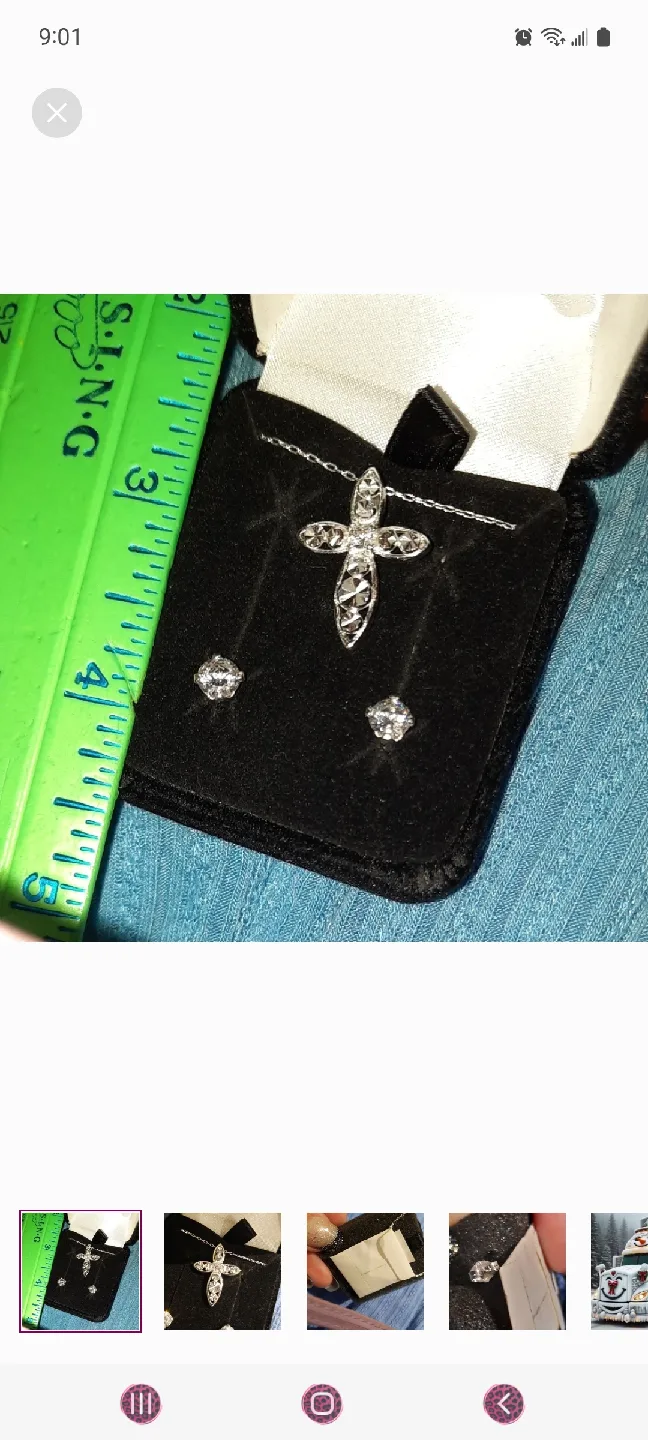 Genuine solid sterling silver CZ cross and stud earrings set thumbnail