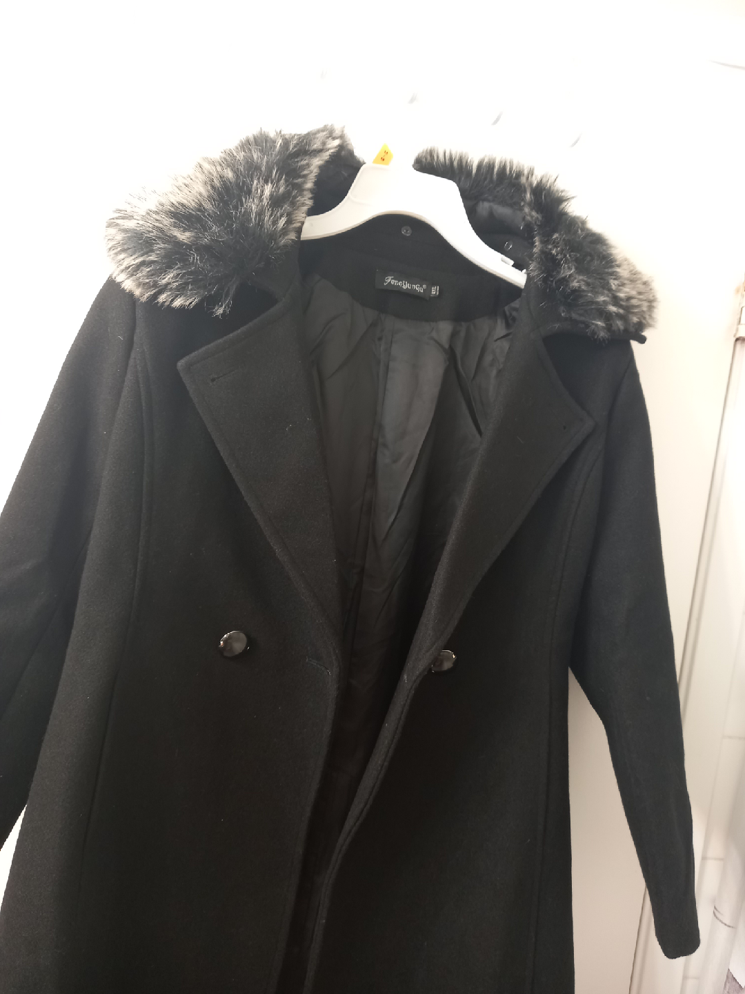 FengYunGu Black Wool Coat with Faux Fur Collar - 4XL