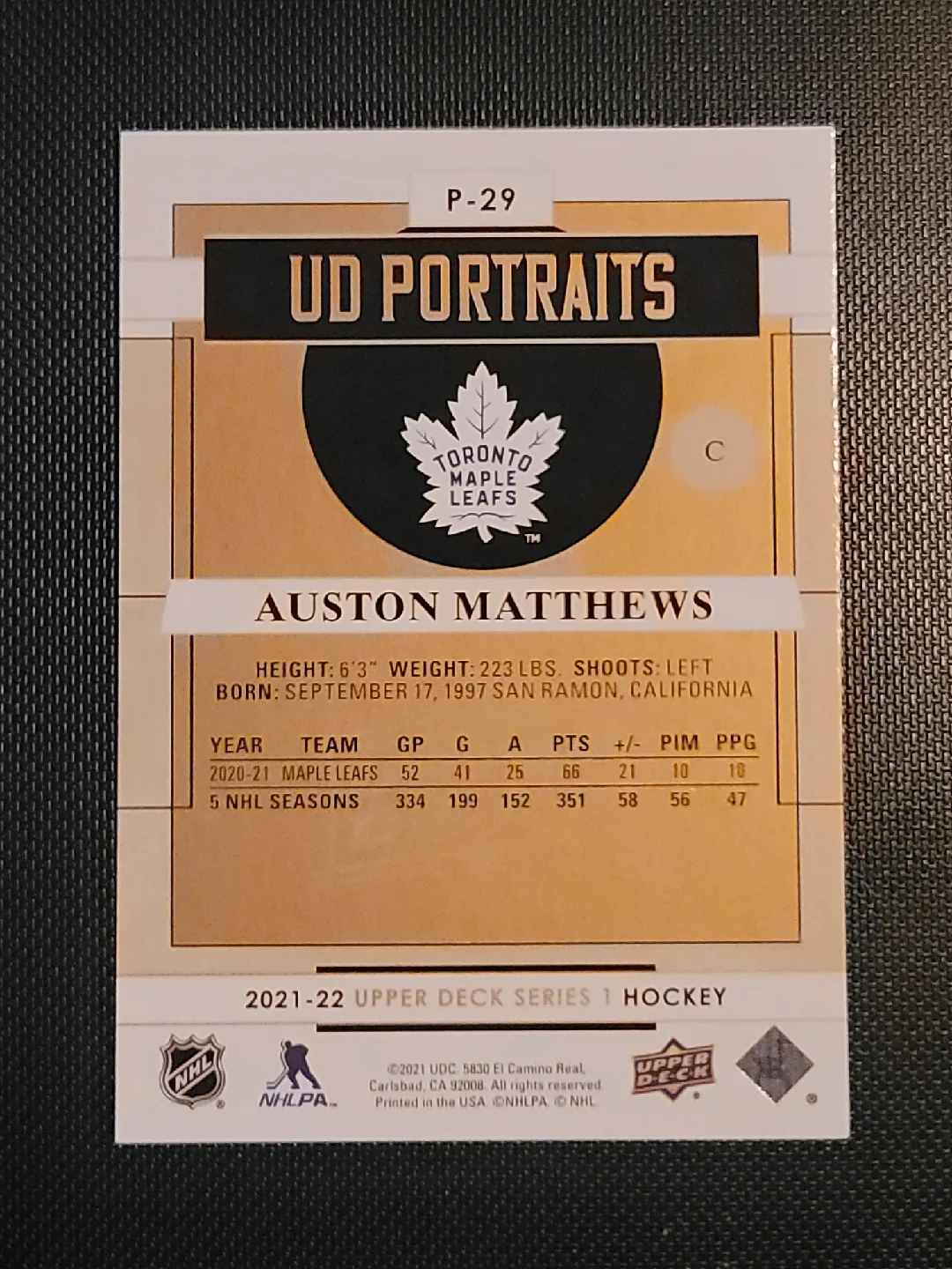 Auston Matthews UD Portraits Hockey Card image indicator(2)