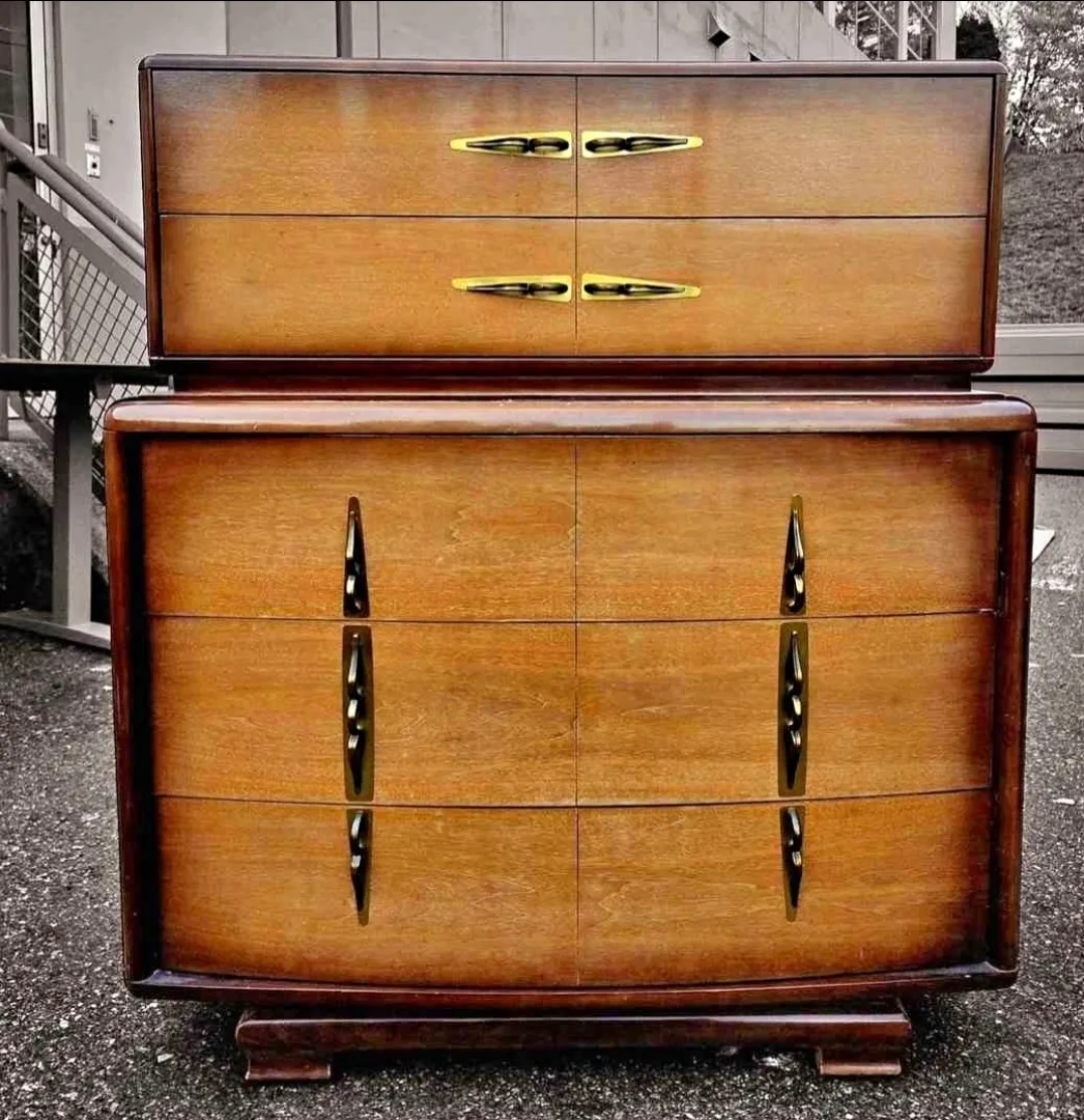 MCM Vic Art Walnut Art Deco Tallboy Dresser With Brass Accents thumbnail