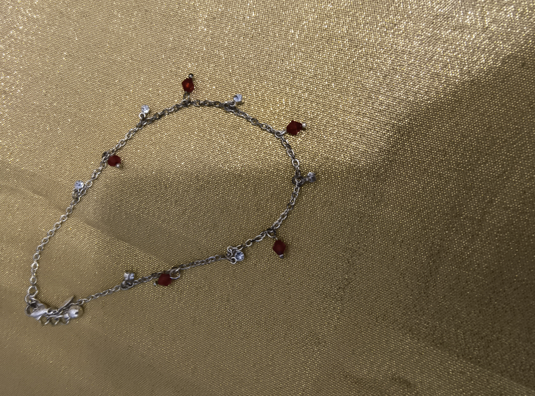Silver-Tone Anklet with Red and Clear Beads