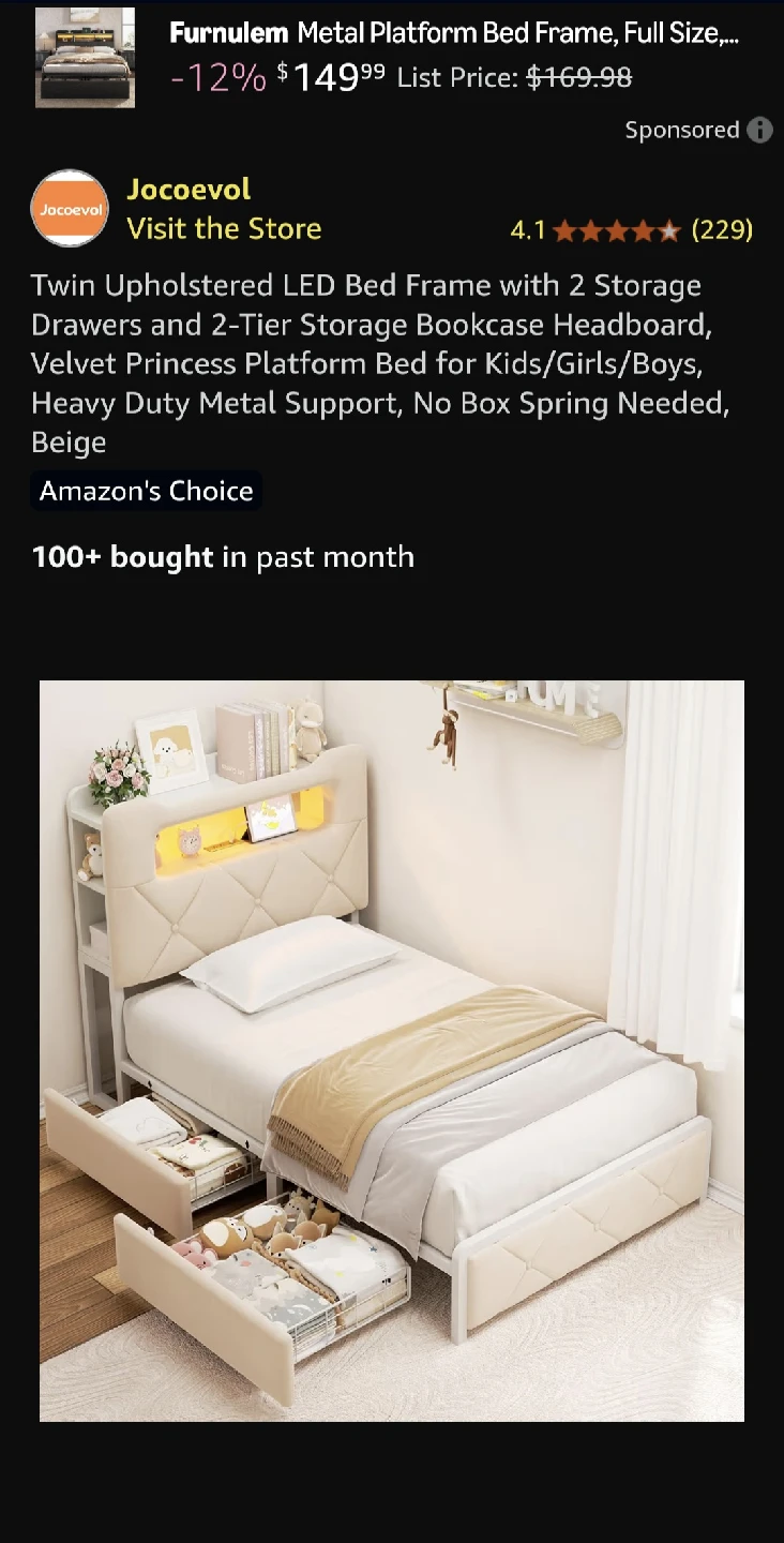 Jacoeval Twin Upholstered LED Bed Frame - Beige