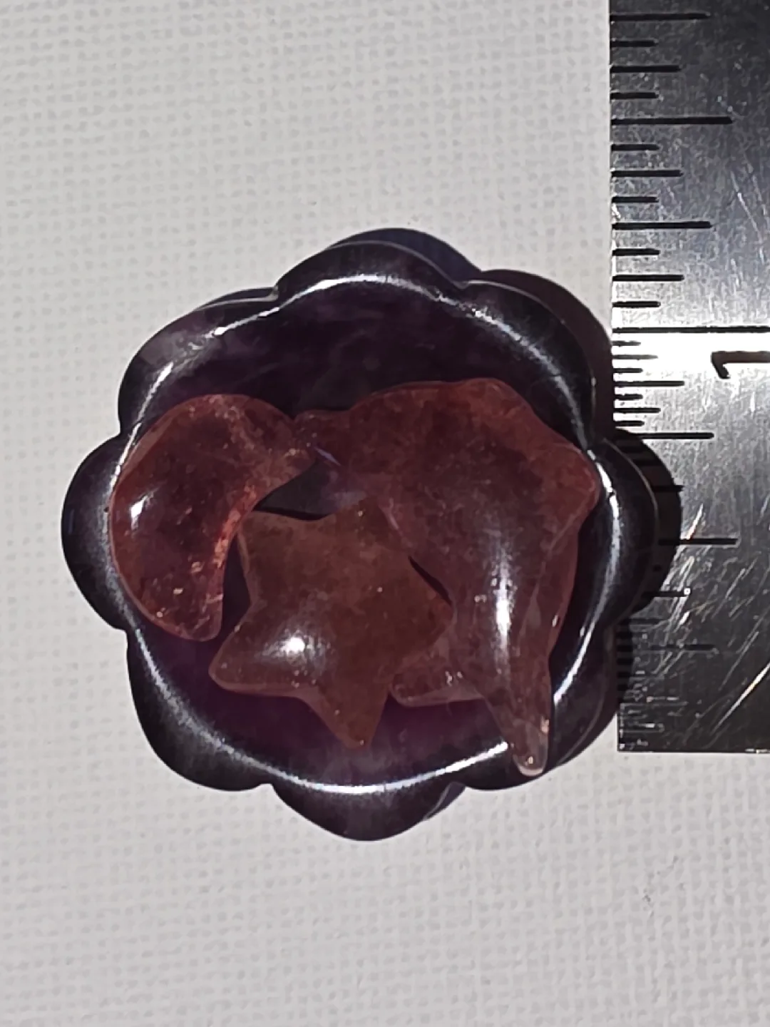 strawberry quartz minis on purple fluorite bowl. image indicator(2)