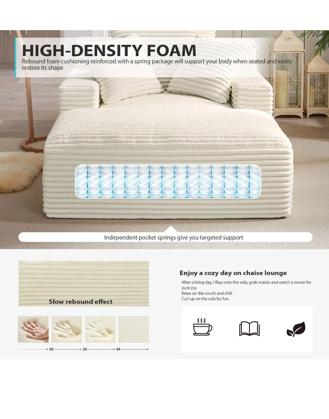 Corduroy Chaise Lounge Sofa Chair Cream Color image indicator(3)