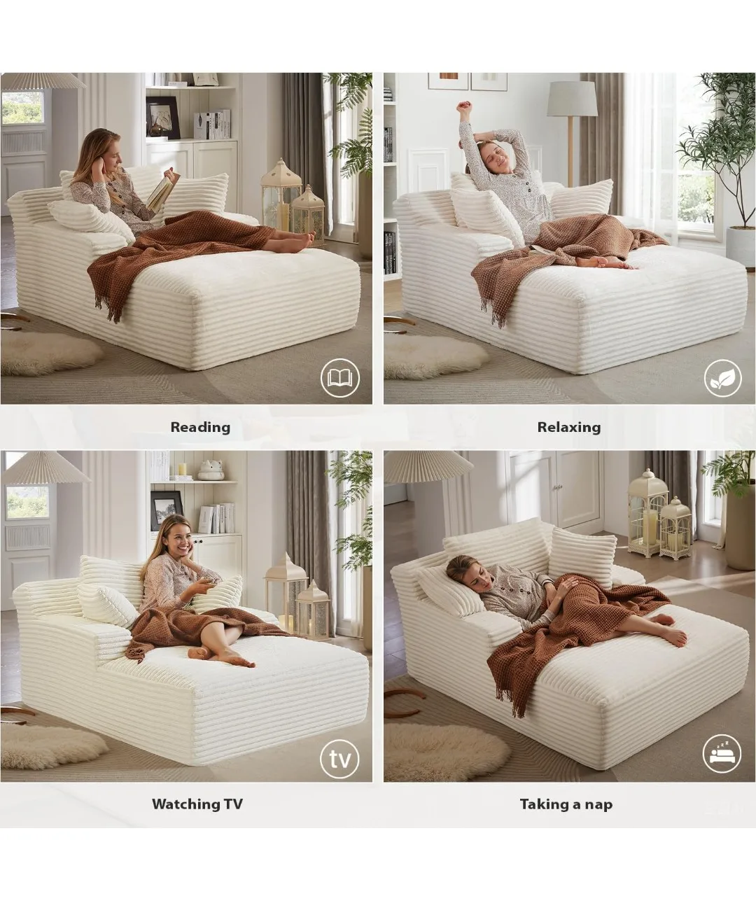 Corduroy Chaise Lounge Sofa Chair Cream Color image indicator(2)