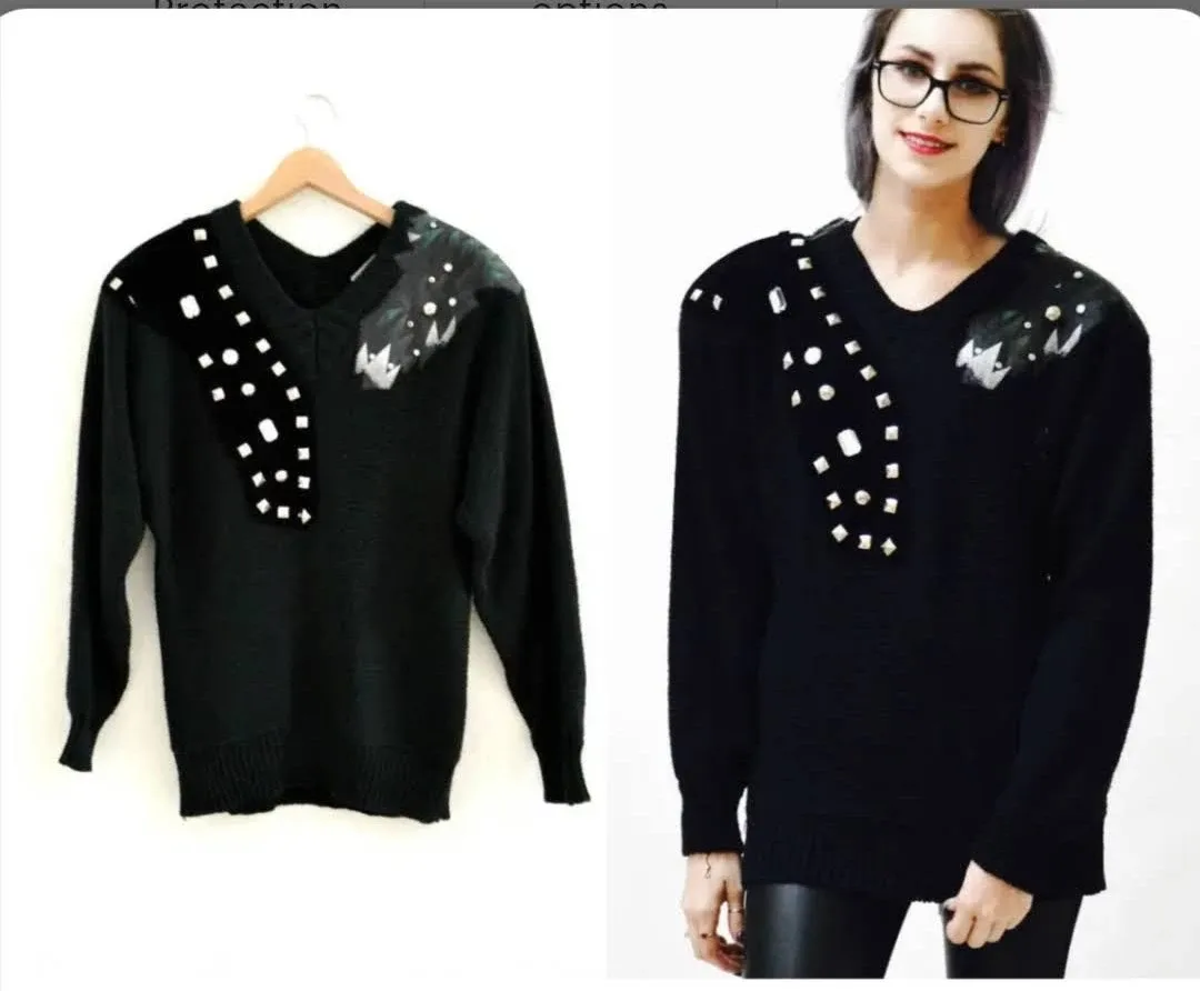 🇮🇹 Italian Vintage Black Mohair Blend Embellished Sweater - S thumbnail
