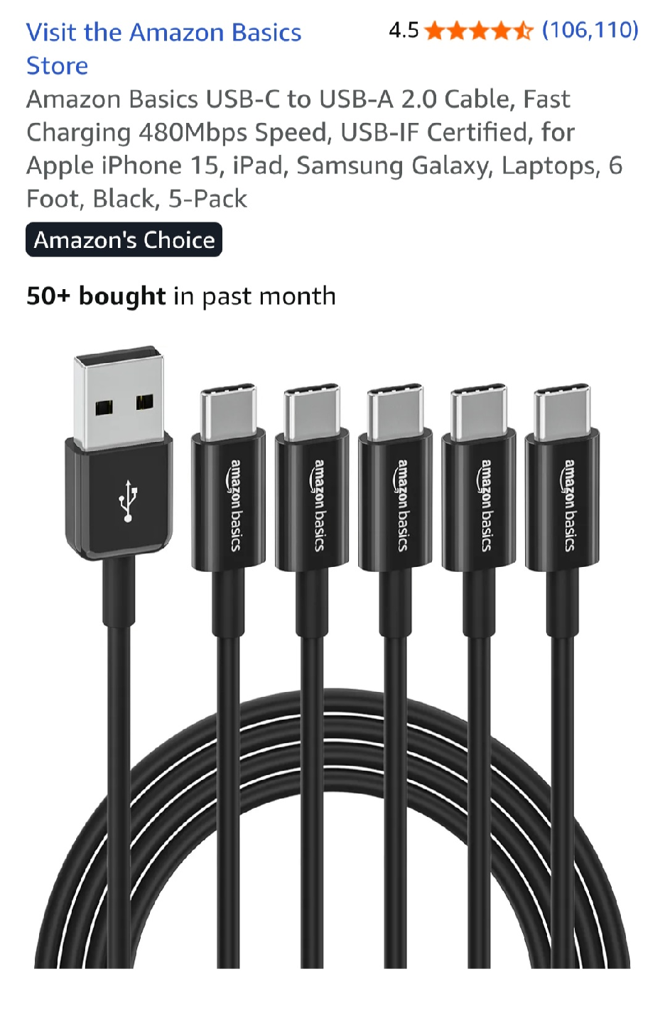 Amazon Basics USB-C to USB-A 2.0 Cable - 5 Pack - photo 2