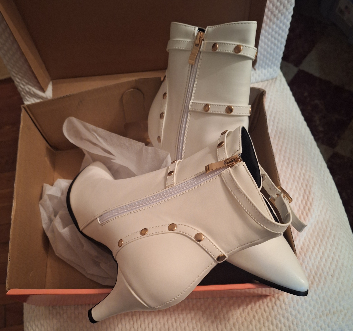 White Ankle Boots with Gold Accents
