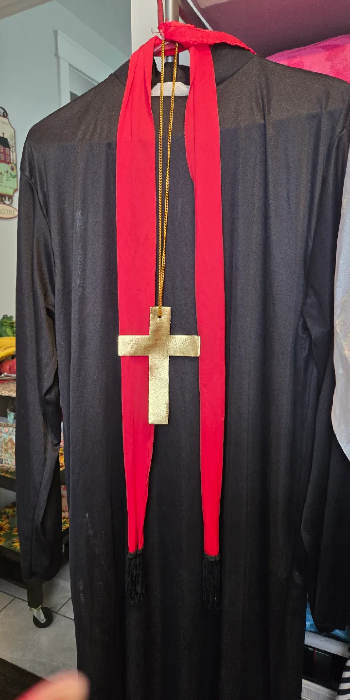 Priest Costume - Black Robe with Red Stole & Cross thumbnail