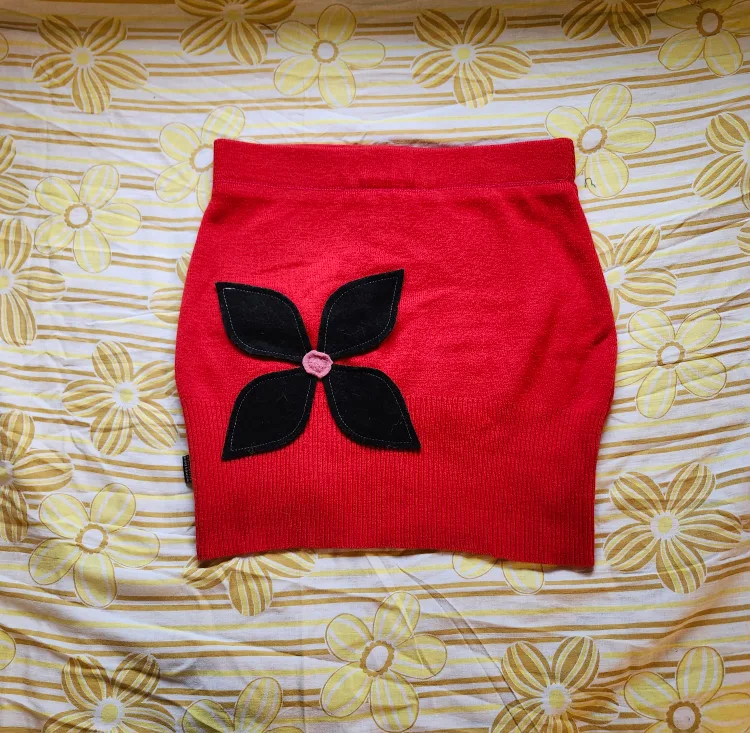 Red and black Bum Warmer mini sweater skirt with flower detail thumbnail