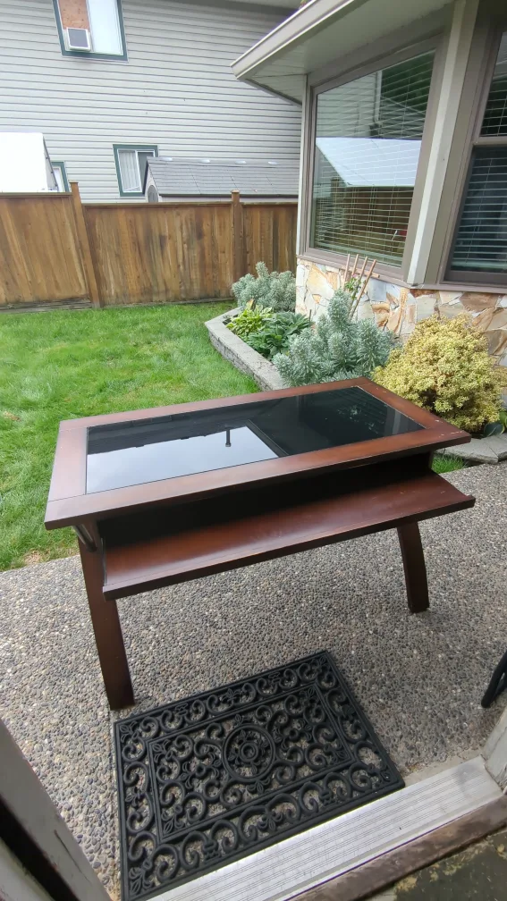 Brown Wood Desk with Black Glass Top and Keyboard Tray image indicator(2)