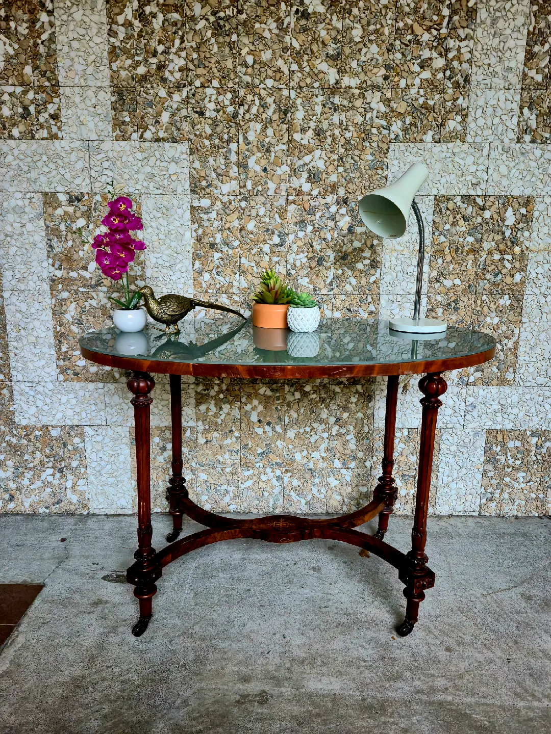 Rolling Antique Oval Frosted Glass Top Table thumbnail