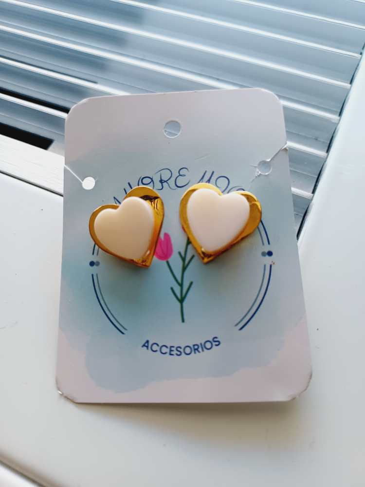 Heart Stud Earrings - Gold & White