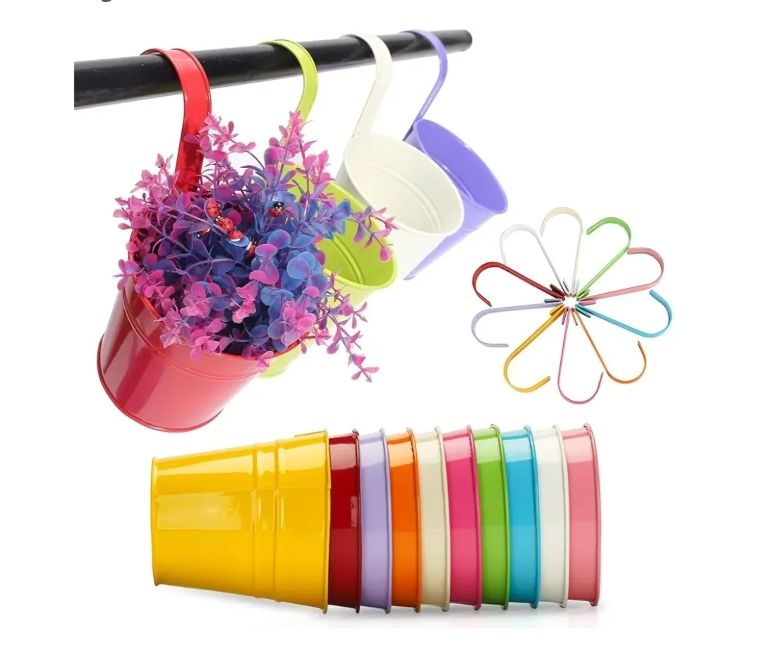 Colorful Metal Hanging Flower Pots with Hooks (Set of 10) thumbnail
