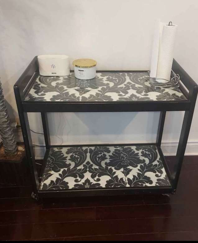 Black Two-Tier Bar Cart with Damask Pattern
