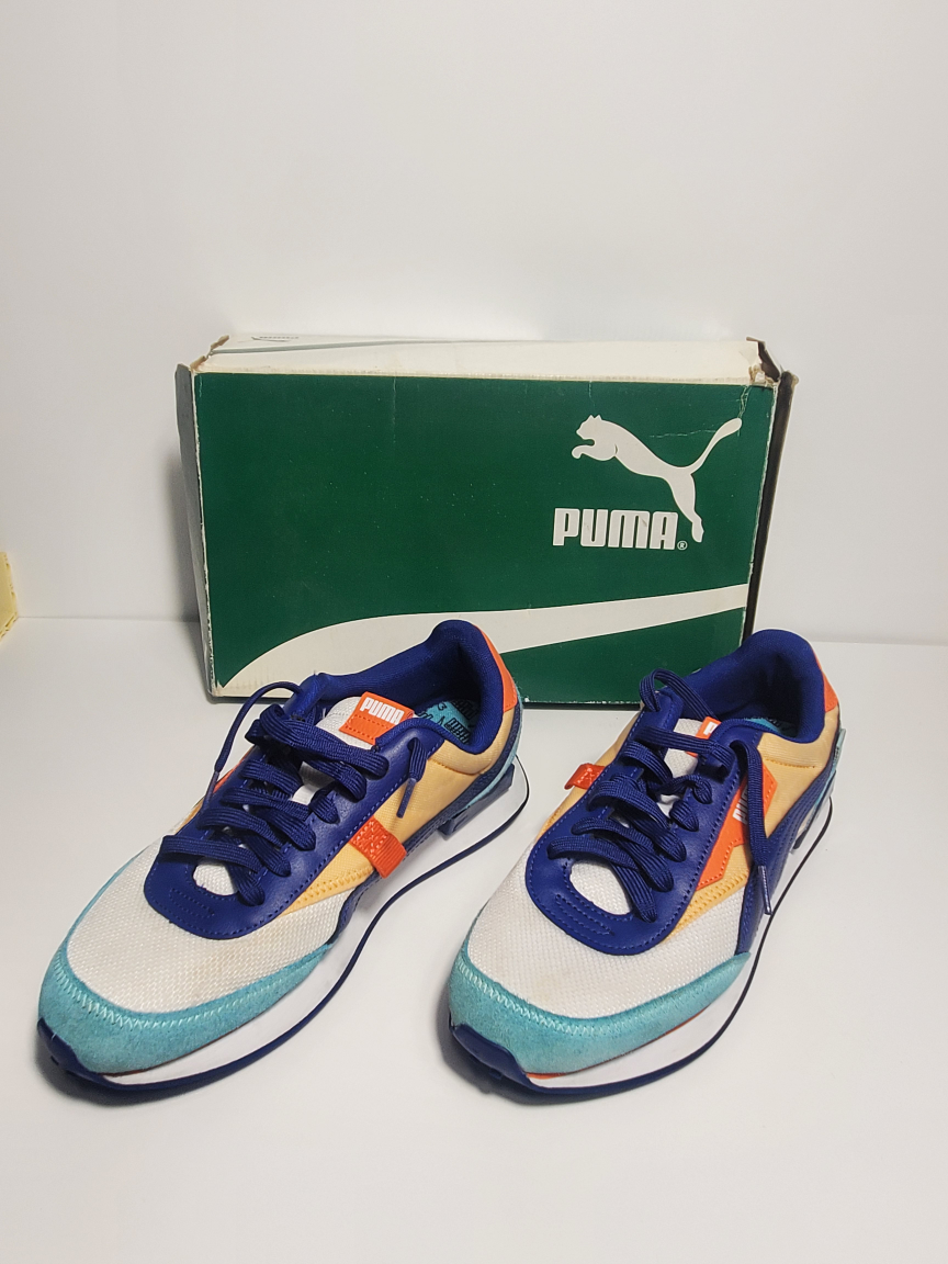 Men’s Puma Future Rider White Elektro Blue Peach Size 10