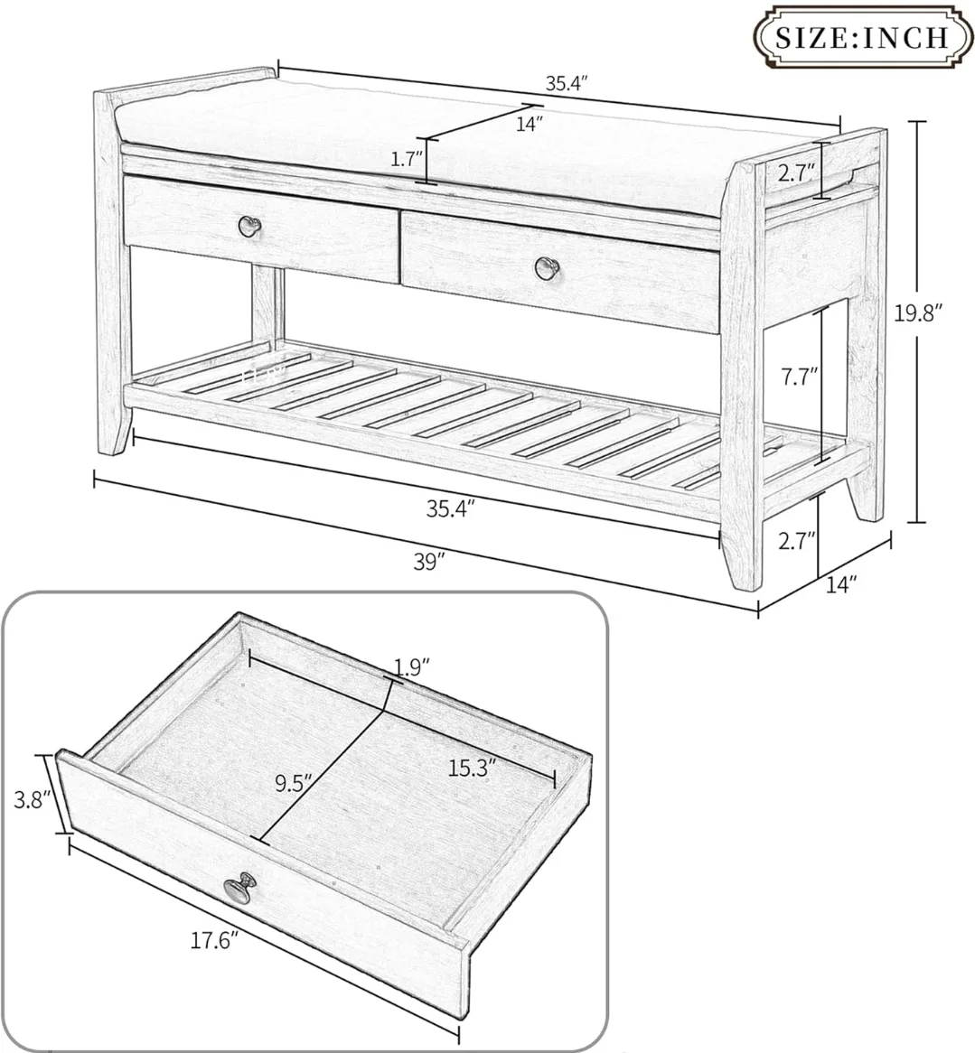 Cushioned Seat Shoe Rack with 2 Drawers and Storage Shelf image indicator(5)